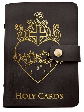 Sacred Heart Holy Cards Holder Dark brown vegan leather gold print Catholic gift